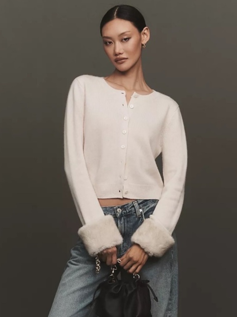Reformation Clara Cashmere Cardigan in Cream Faux Fur Cuff